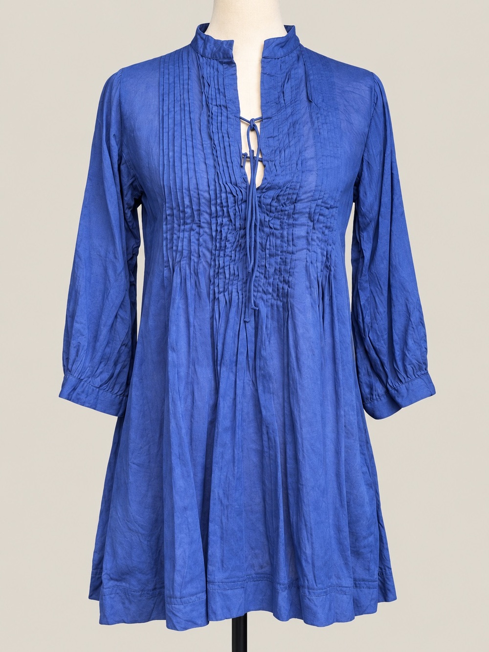 Matta NWT Cotton Tunic Blouse Blue Pintuck Tie Neck Boho Top XS